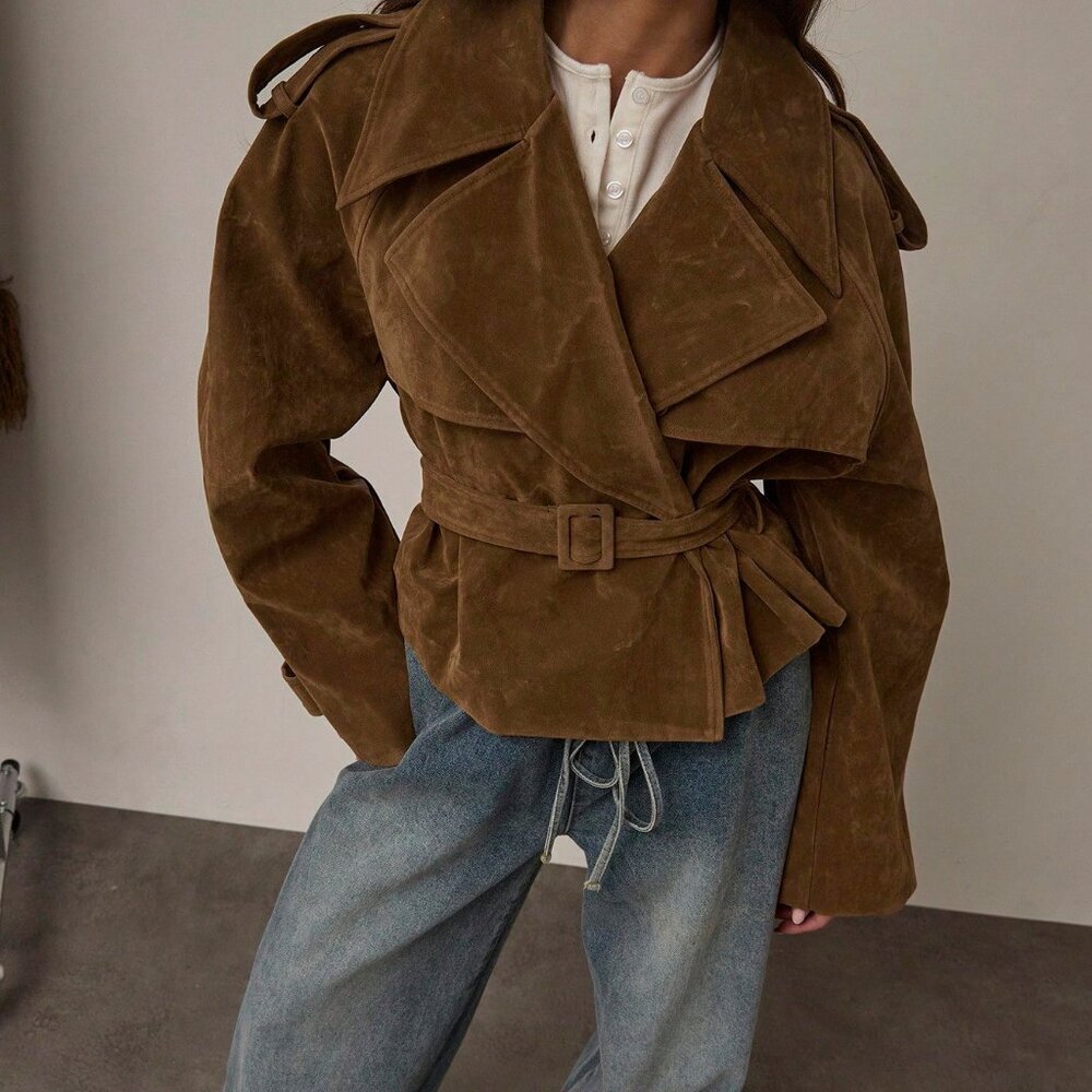 Brown Women's Casual faux Suede Long-Sleeve Belted mini Trench Coat - Picture 1 of 8